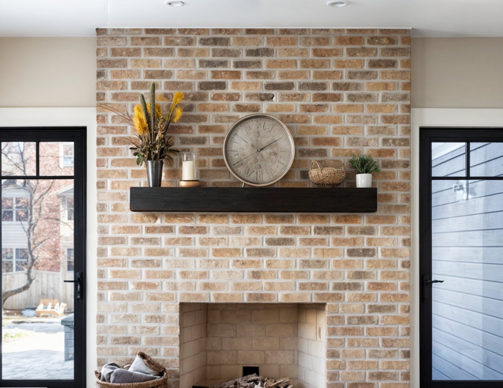 Brick fireplace with a wooden mantel, clock, and decorative items.