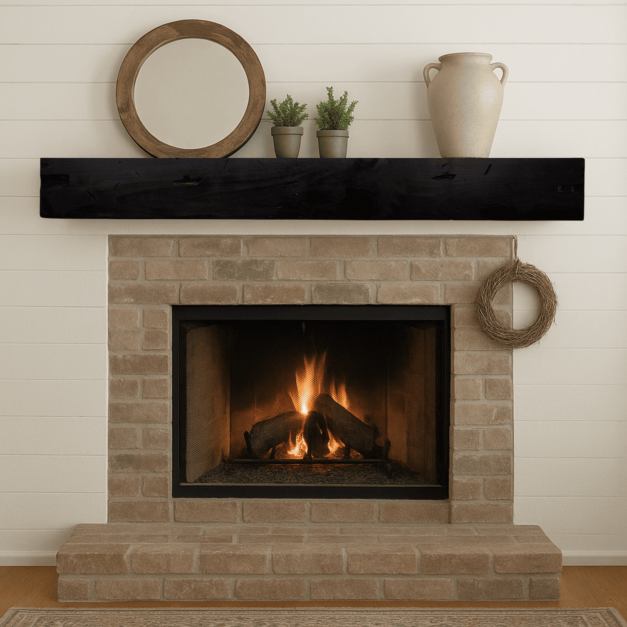 Distressed mantel on fireplace