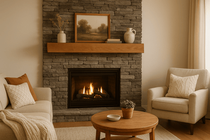 Cozy living room with stone fireplace, white oak mantle beam, comfortable chairs, and a wooden coffee table.